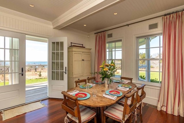 25 Lelands Path, Edgartown, MA 02539 - dining room with ornamental molding, dark wood-type flooring, and beamed ceiling