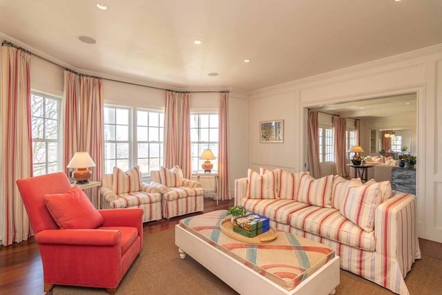 25 Lelands Path, Edgartown, MA 02539 - living area featuring crown molding, healthy amount of natural light, wood finished floors, and recessed lighting