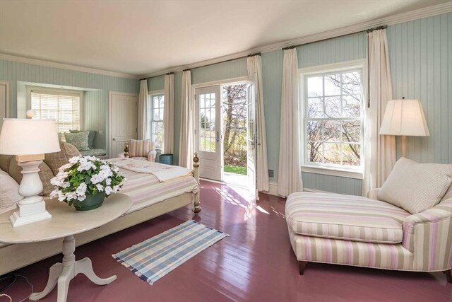 25 Lelands Path, Edgartown, MA 02539 - bedroom with access to outside, crown molding, multiple windows, and wood finished floors