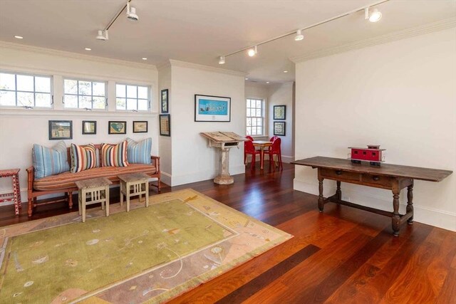 25 Lelands Path, Edgartown, MA 02539 - sitting room featuring rail lighting, wood finished floors, baseboards, and crown molding