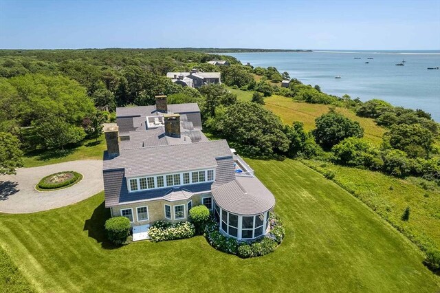 25 Lelands Path, Edgartown, MA 02539 - aerial view of property and surrounding area with a nearby body of water and a heavily wooded area