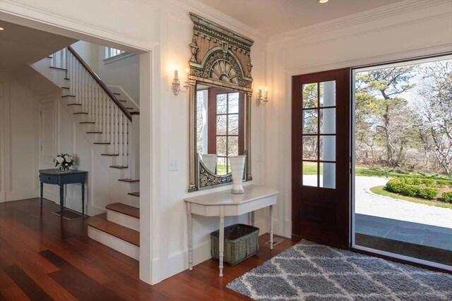 25 Lelands Path, Edgartown, MA 02539 - entrance foyer with stairs, dark wood finished floors, crown molding, and recessed lighting