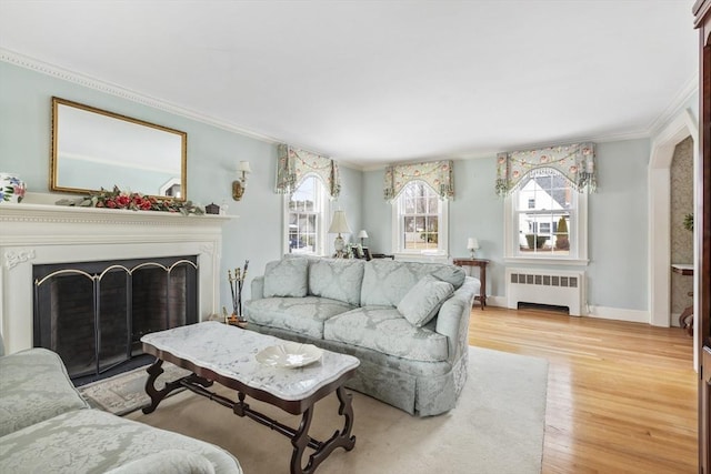 living room featuring light wood-type flooring, radiator heating unit, and ornamental molding