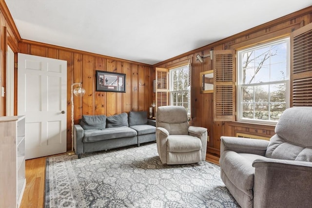 living room featuring plenty of natural light and wood walls