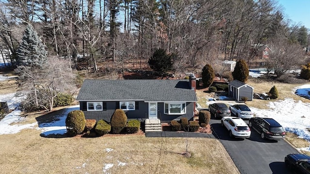 view of front facade featuring a shingled roof, a front yard, and a chimney