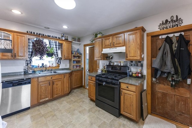 kitchen with sink, stainless steel dishwasher, and black gas stove