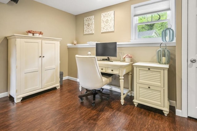 home office with dark wood-style flooring and baseboards