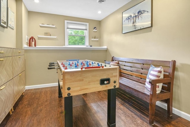 rec room with wood finished floors, baseboards, and recessed lighting
