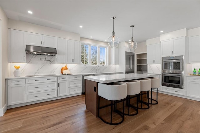 kitchen with under cabinet range hood, appliances with stainless steel finishes, wood finished floors, and a sink