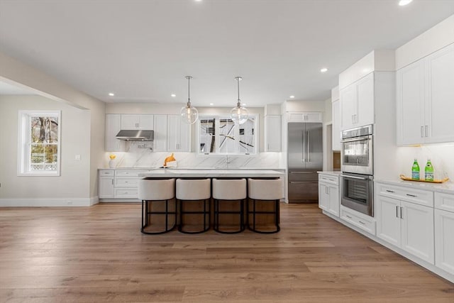 kitchen with light wood-style flooring, under cabinet range hood, a kitchen breakfast bar, a kitchen island, and stainless steel appliances