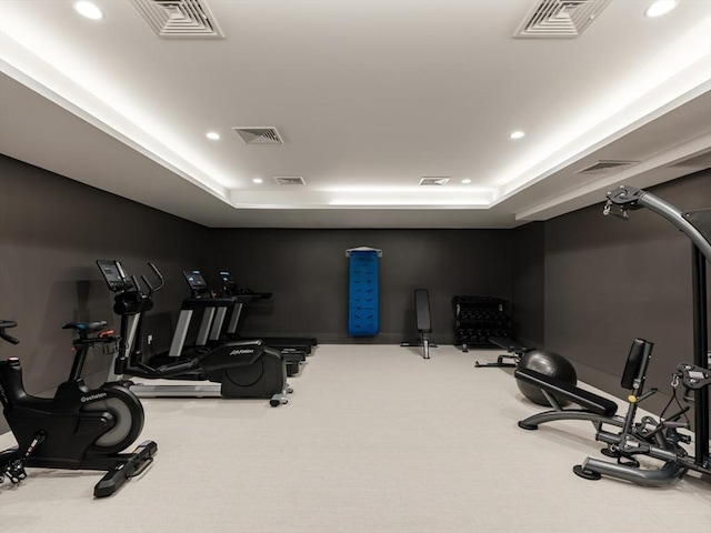 gym with a raised ceiling and carpet floors