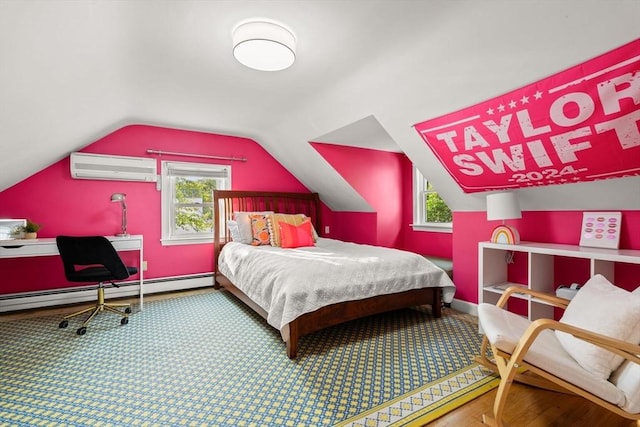 15 University Rd, Arlington, MA 02474 - bedroom featuring a wall mounted air conditioner, a baseboard radiator, lofted ceiling, and baseboards