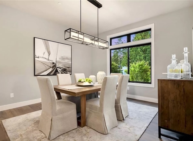 dining room with a wealth of natural light, an inviting chandelier, and wood-type flooring