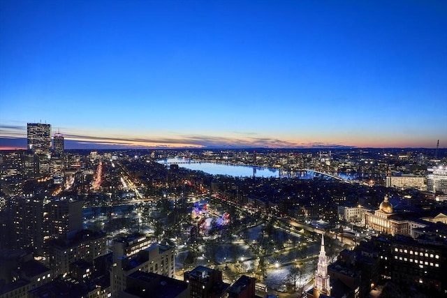 aerial view with a view of city and a water view