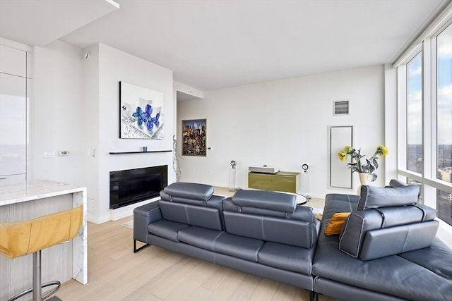 living room featuring a wealth of natural light, light wood-type flooring, a glass covered fireplace, and visible vents