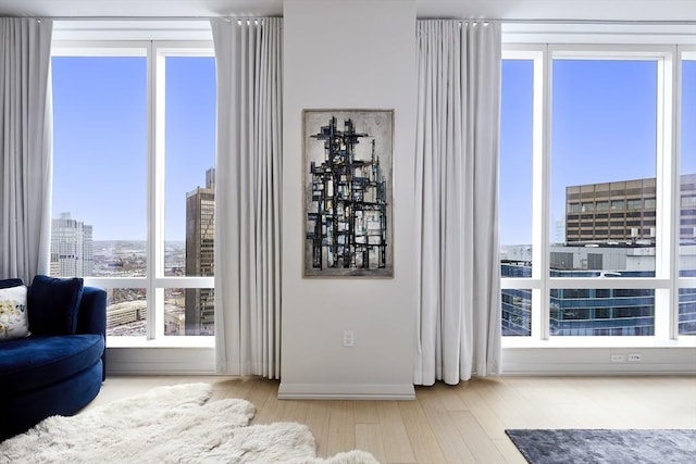 doorway to outside featuring wood finished floors and a city view