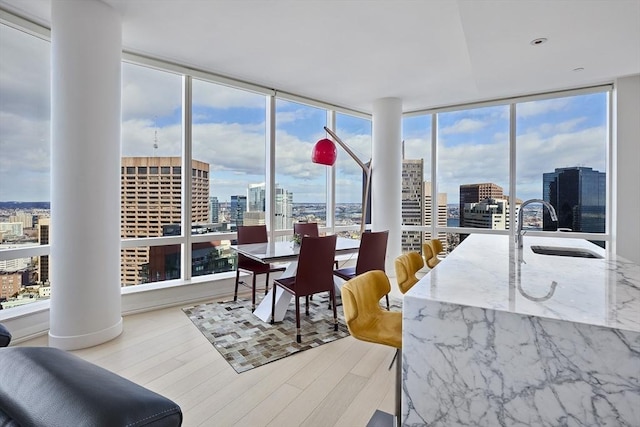 dining room featuring floor to ceiling windows, a city view, and wood finished floors