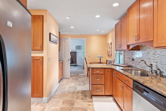 20 Walden St, Lowell, MA 01851 - kitchen featuring appliances with stainless steel finishes, a sink, baseboards, stone countertops, and recessed lighting