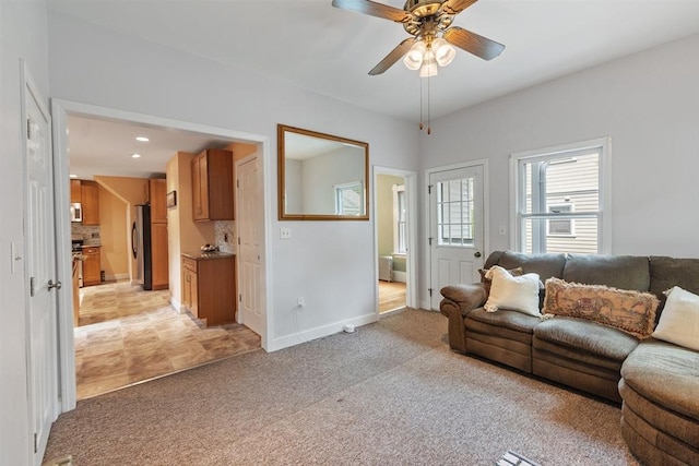 20 Walden St, Lowell, MA 01851 - living room with a ceiling fan, baseboards, light colored carpet, and recessed lighting