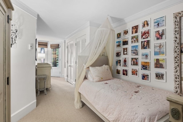 bedroom with light carpet and ornamental molding