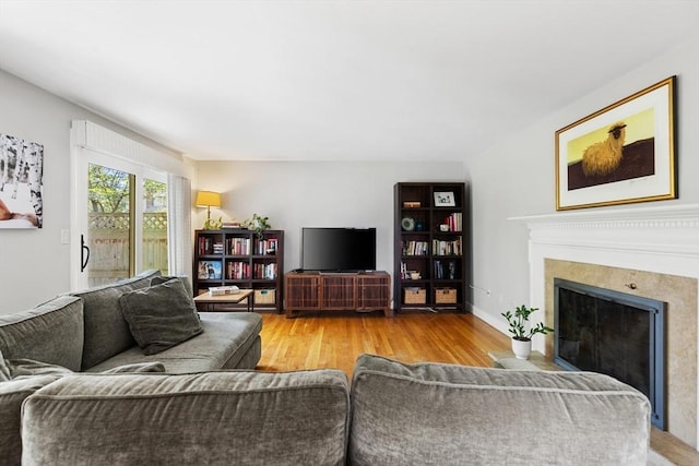 living room with a fireplace with flush hearth and wood finished floors