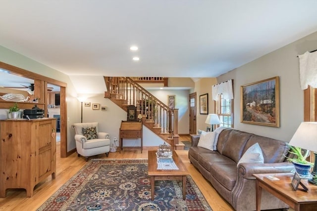 137 French King Hwy, Gill, MA 01354 - living room with stairway, light wood-type flooring, ceiling fan, and recessed lighting