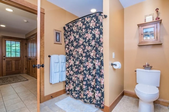 137 French King Hwy, Gill, MA 01354 - full bath featuring toilet, tile patterned flooring, baseboards, a shower with shower curtain, and recessed lighting