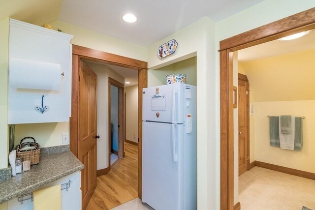 137 French King Hwy, Gill, MA 01354 - kitchen with freestanding refrigerator, baseboards, dark countertops, and recessed lighting