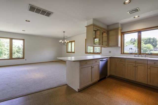 7 Cove Way, Gloucester, MA 01930 - kitchen with dishwasher, a sink, a peninsula, a chandelier, and recessed lighting