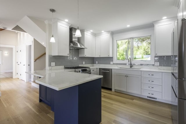 7 Cove Way, Gloucester, MA 01930 - kitchen featuring a sink, wall chimney exhaust hood, stainless steel appliances, white cabinetry, and a peninsula