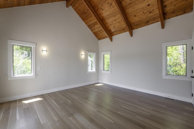 7 Cove Way, Gloucester, MA 01930 - spare room featuring wood ceiling with exposed beams, high vaulted ceiling, wood finished floors, and baseboards