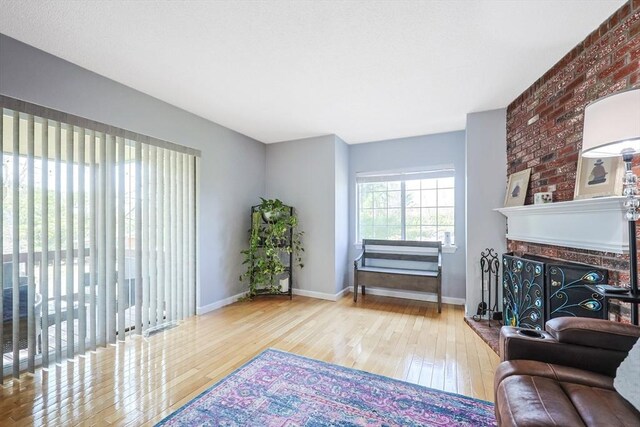 living room featuring hardwood / wood-style flooring, baseboards, and a fireplace