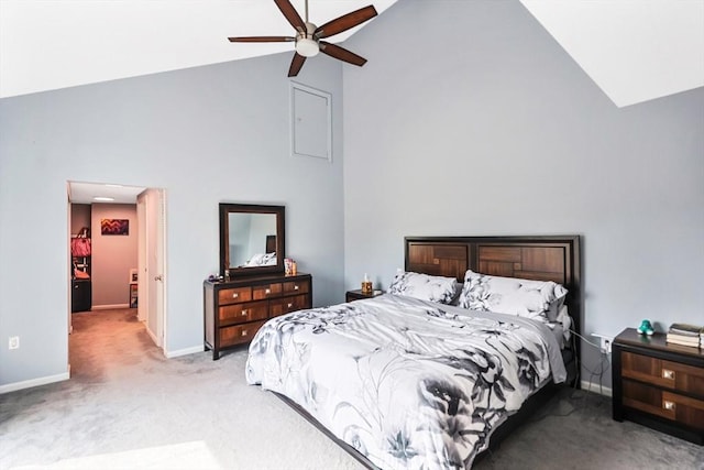 bedroom with high vaulted ceiling, ceiling fan, carpet floors, and baseboards