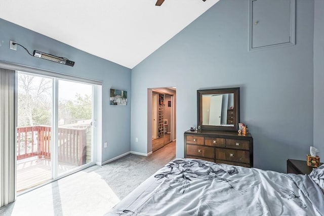 carpeted bedroom featuring high vaulted ceiling, a ceiling fan, baseboards, and access to outside