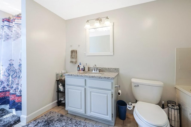 full bathroom with vanity, curtained shower, a tub, toilet, and tile patterned flooring