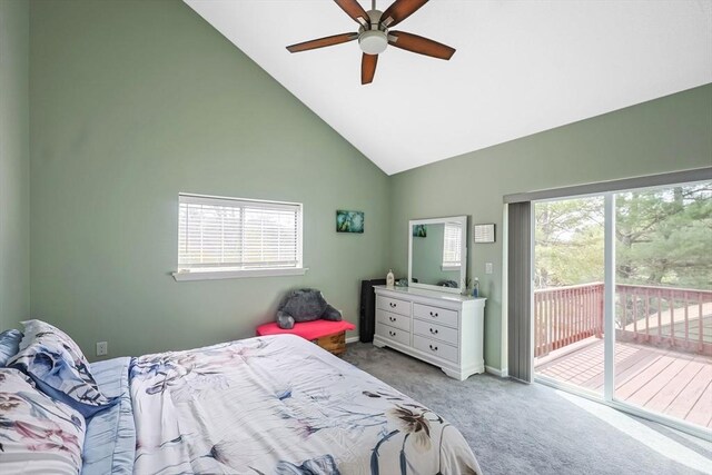 bedroom with a ceiling fan, carpet flooring, high vaulted ceiling, and access to outside