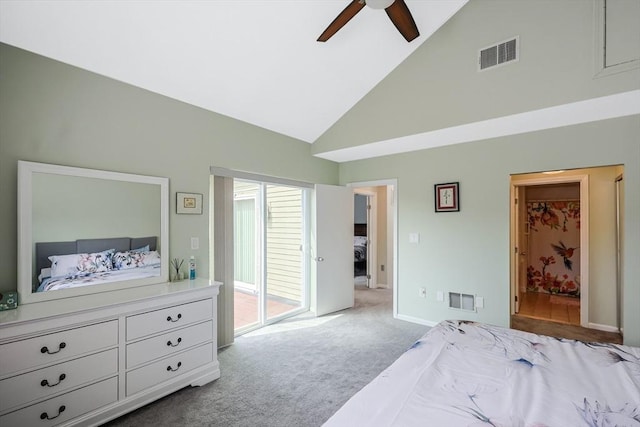 carpeted bedroom with baseboards, visible vents, high vaulted ceiling, and access to outside