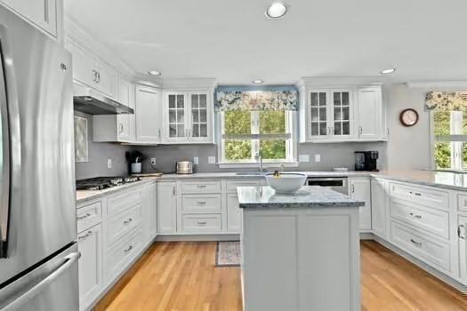 65 Tussock Brook Rd Unit 65, Duxbury, MA 02332 - kitchen with appliances with stainless steel finishes, under cabinet range hood, white cabinetry, light wood finished floors, and recessed lighting
