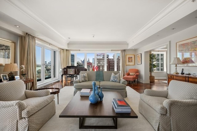 living area featuring a healthy amount of sunlight, a view of city, and crown molding