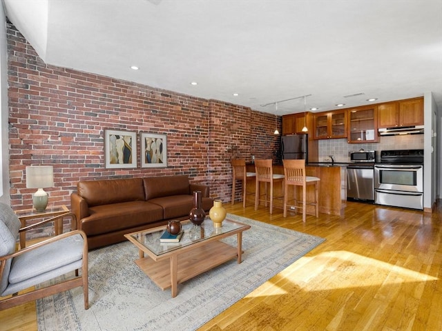 living room with light wood-type flooring, sink, brick wall, and track lighting