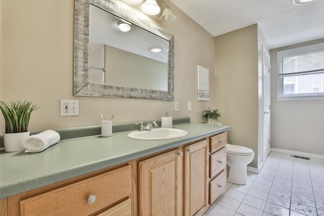 full bath featuring vanity, toilet, marble finish floor, baseboards, and visible vents