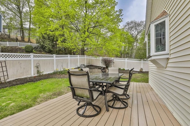 wooden deck with outdoor dining area, a fenced backyard, and a lawn