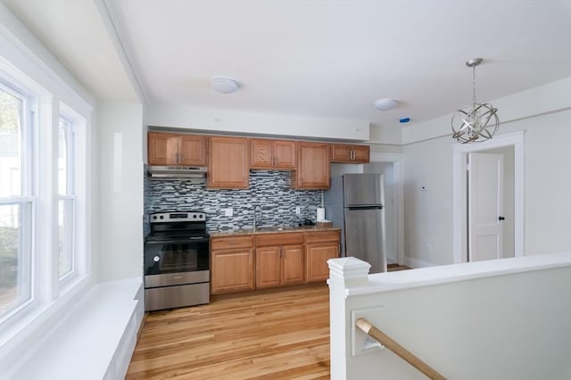 kitchen with sink, hanging light fixtures, light hardwood / wood-style flooring, appliances with stainless steel finishes, and tasteful backsplash