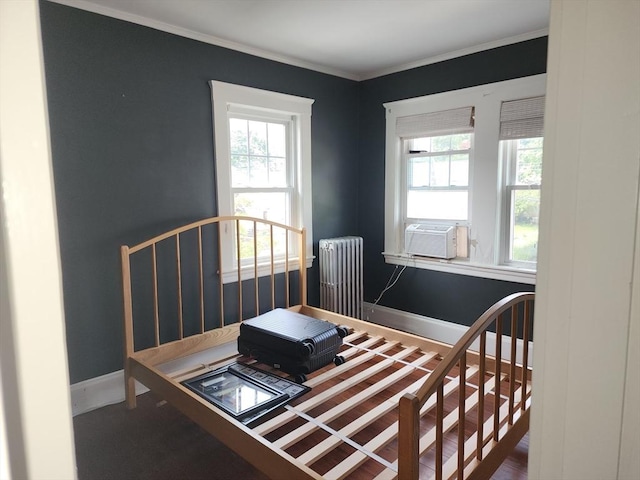 235 Common St, Watertown, MA 02472 - bedroom with radiator, multiple windows, baseboards, cooling unit, and crown molding