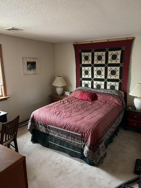 carpeted bedroom with a textured ceiling