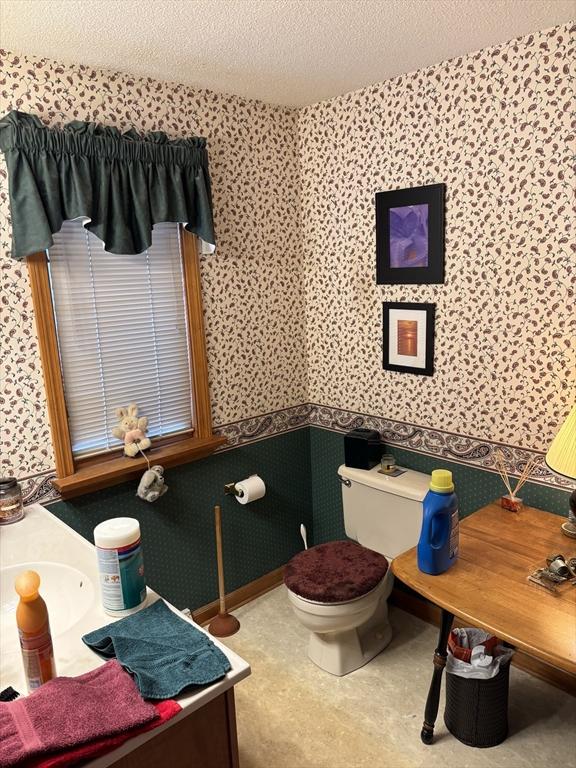 bathroom with toilet, a textured ceiling, and vanity