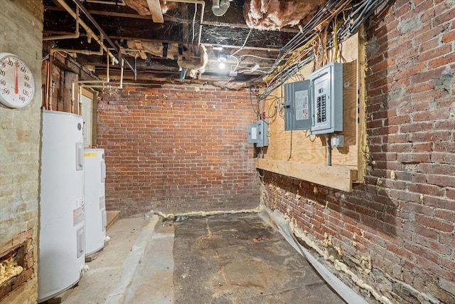 basement with brick wall, electric water heater, and electric panel