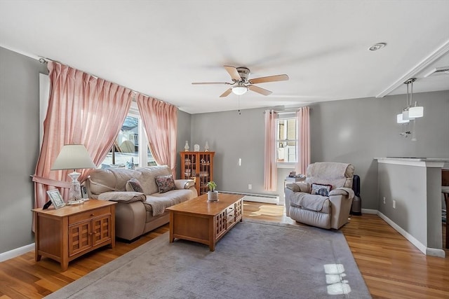 living room featuring a baseboard radiator, ceiling fan, and light hardwood / wood-style flooring