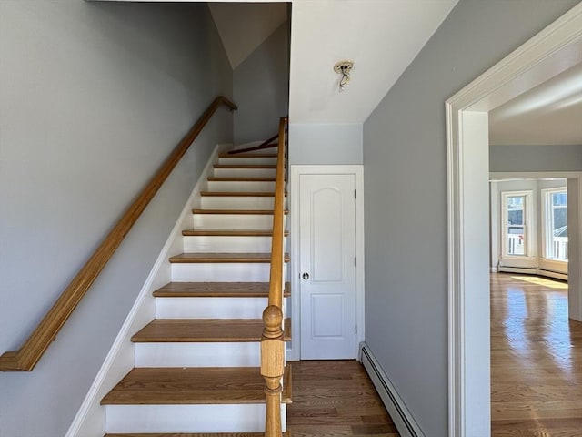 15 Phillips St, Weymouth, MA 02188 - staircase featuring a baseboard heating unit and wood finished floors