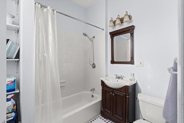 full bath with toilet, shower / tub combo, and vanity